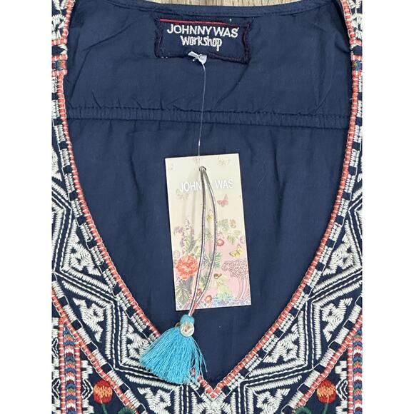 JOHNNY WAS Workshop Juliene Drape Top Voile TUNIC Navy Blue BOHO SM $205 NWT - Picture 3 of 12